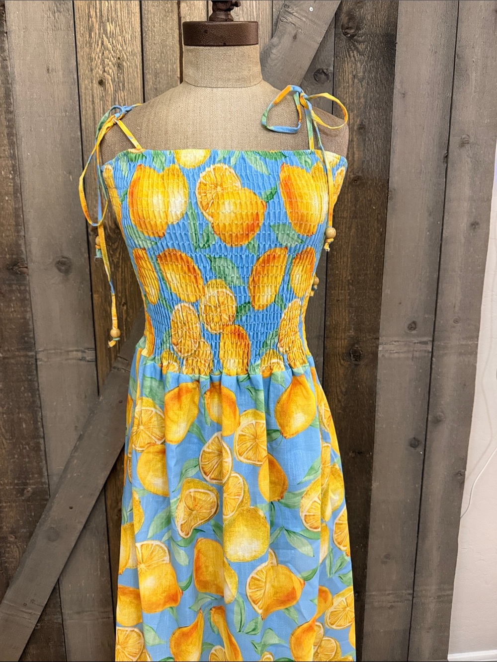 Vanessa Zani Lemon Print Maxi Dress Smocked Tie Strap Italian Coastal Summer